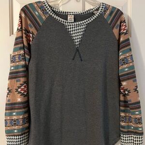 Gray Long Sleeve Shirt with Patterned Sleeves